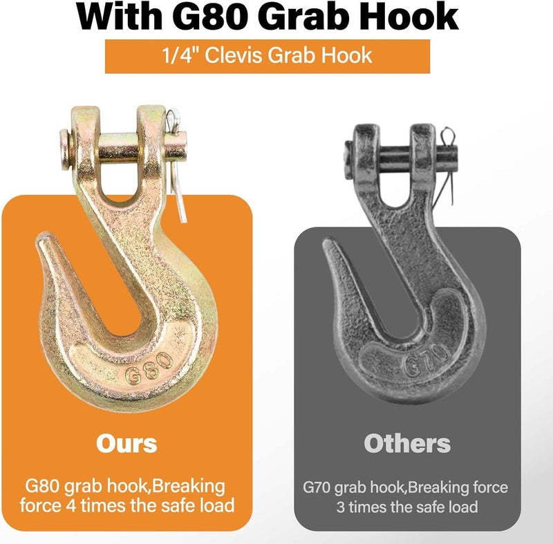 Lechansen 1/4" Tow Chain Grade 80, Transport Binder Chain 1/4 Inch × 20 FT, G80 Grab Hook Heavy Duty, 3,300 lbs Working Load Safety Logging Chains for G80 Binders Tie Down - Image 4